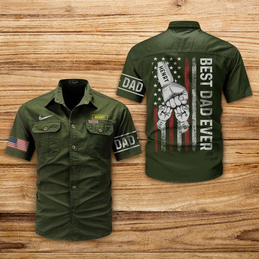 365Gifty personalized dad cargo shirt in olive green with American flag and best dad ever design