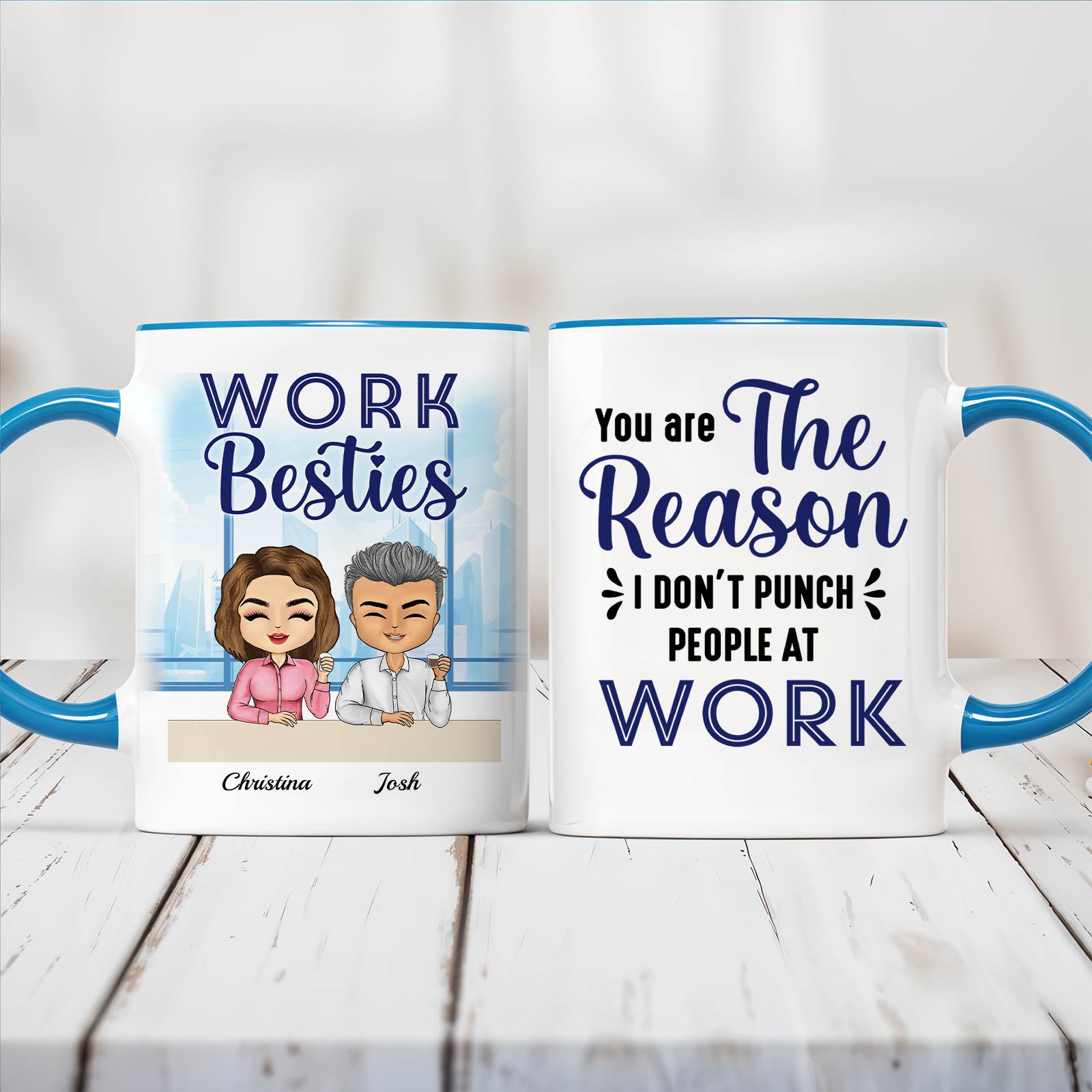 White ceramic personalized coworker mug with blue handle showing Work Besties cartoon and funny office quote