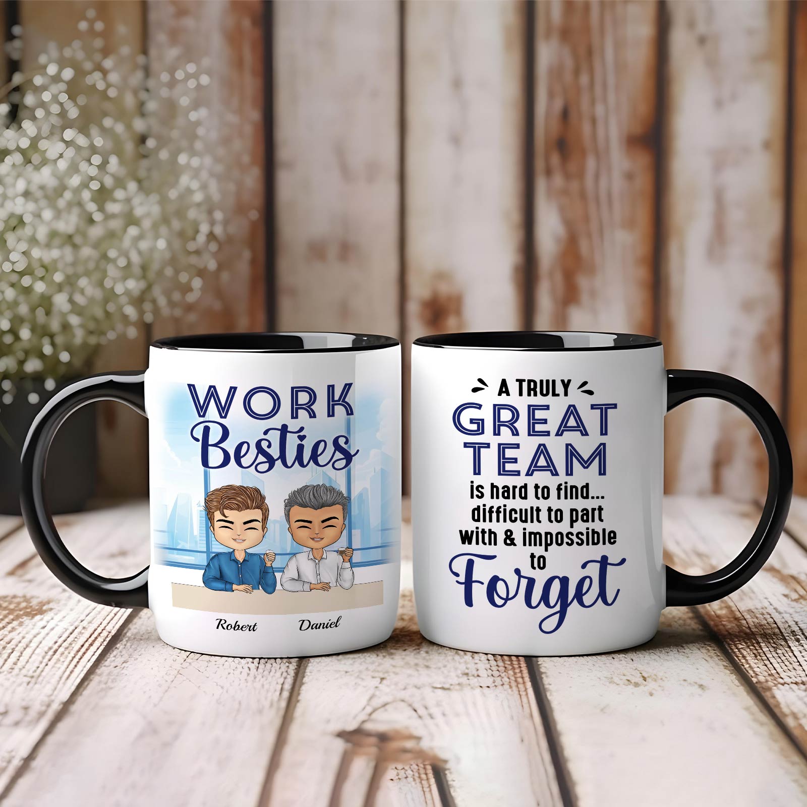 365Gifty personalized coworker mug set of two white ceramic mugs with black handles cartoon work besties and team quote