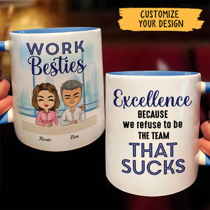 365Gifty personalized coworker mug set with Work Besties caricature and humorous excellence quote