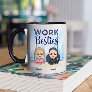 365Gifty personalized coworker mug showing Work Besties text with two cartoon avatars and names Sophie and Sarah