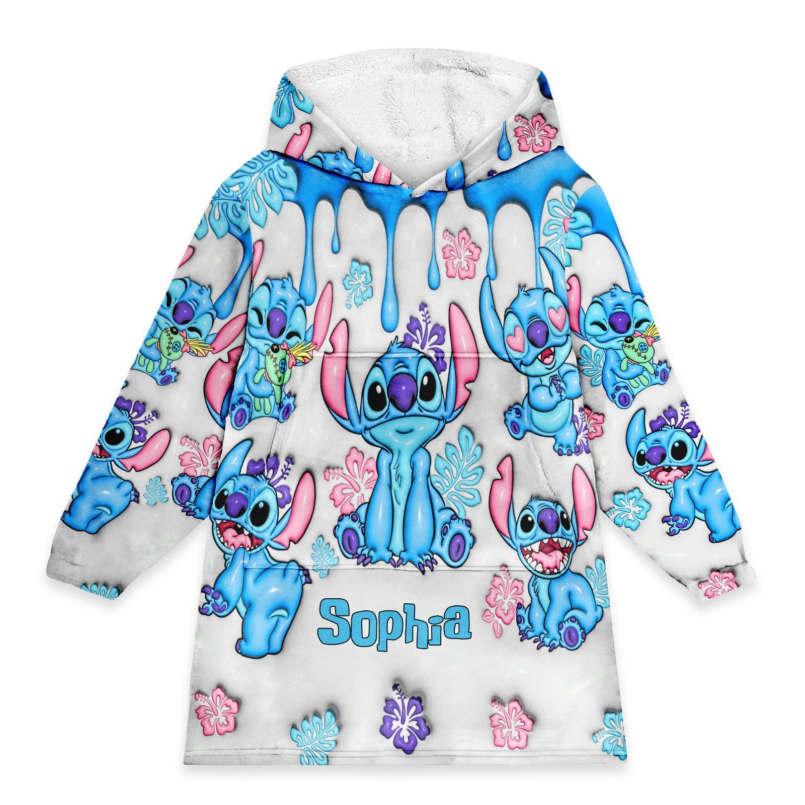 Ohana blanket hoodie personalized with blue Stitch characters and name Sophia on white background