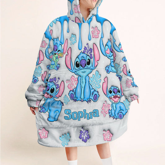Personalized ohana blanket hoodie featuring blue Stitch characters and colorful floral designs by 365Gifty
