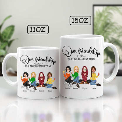 Our friendship is a true blessing mug in 11oz and 15oz sizes with custom cartoon friends design