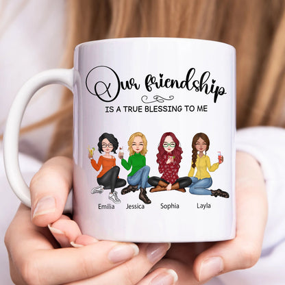 Our friendship is a true blessing mug with personalized cartoon women and names Emilia Jessica Sophia Layla