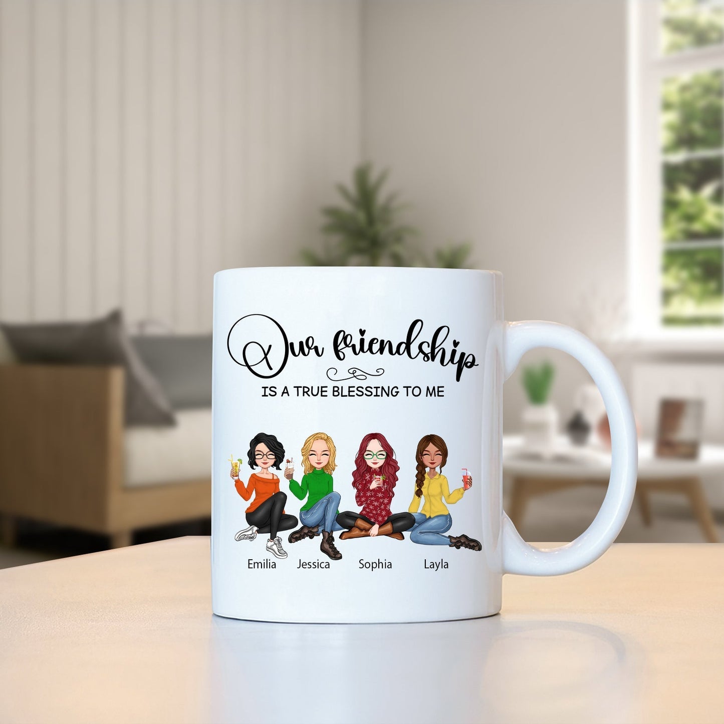 White mug with our friendship is a true blessing mug design featuring four cartoon women named Emilia Jessica Sophia Layla