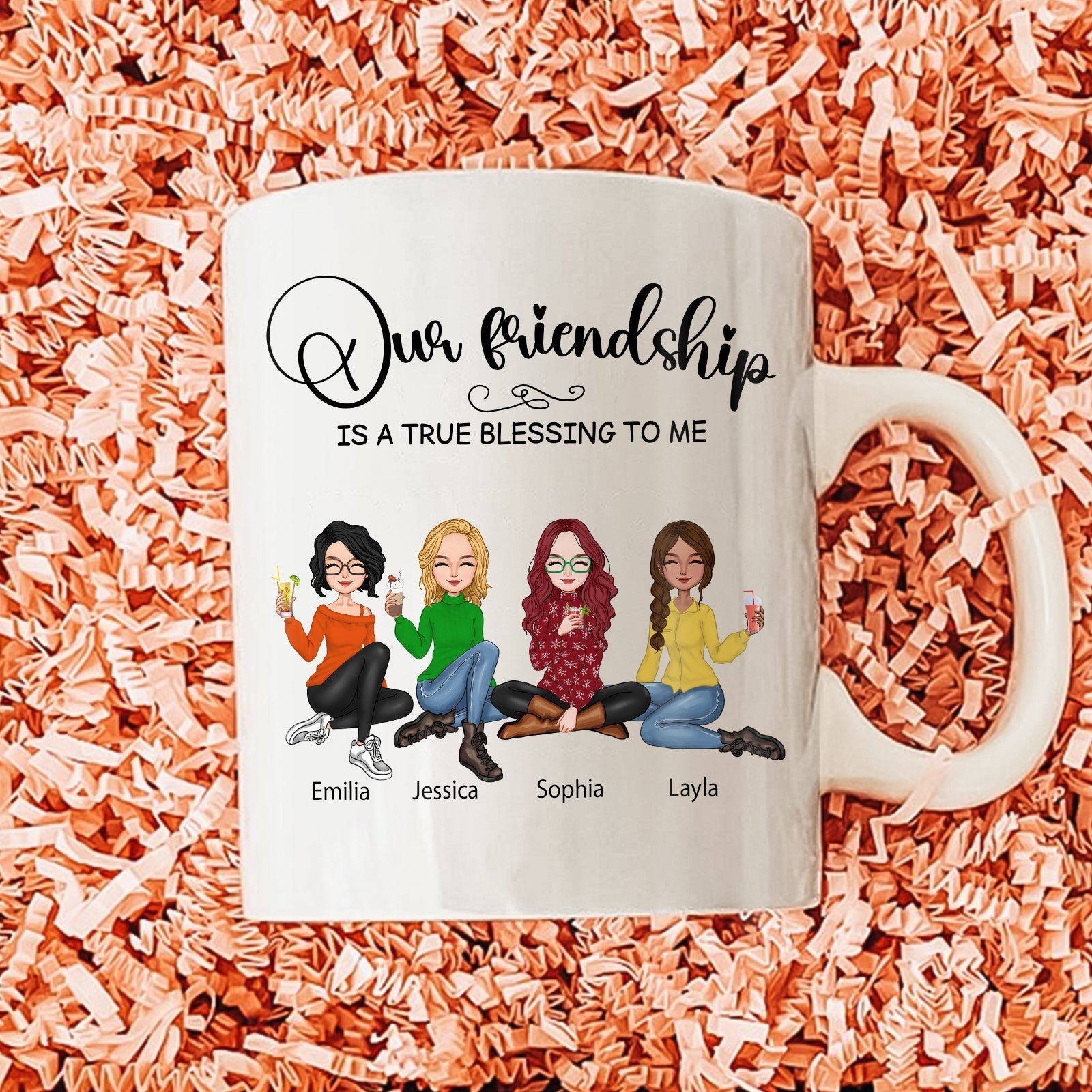 365Gifty our friendship is a true blessing mug featuring four cartoon women with names Emilia Jessica Sophia Layla