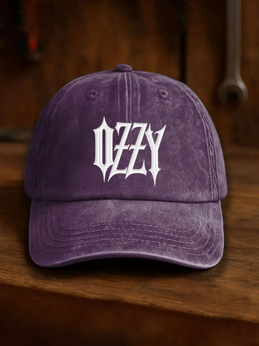 Purple music lover baseball cap with Ozzy text embroidered on front panel