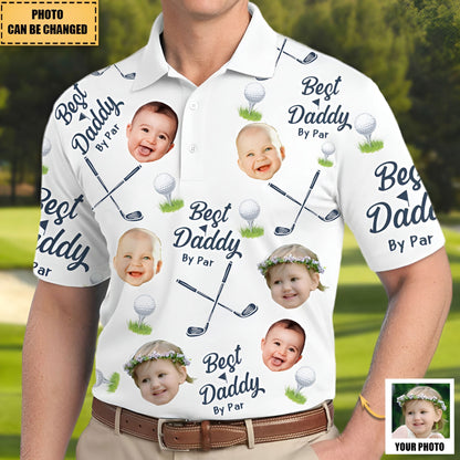 Best dad by par polo with photo showing customizable golf-themed shirt with baby face prints