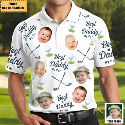 White golf polo shirt with customizable baby photos and best dad by par polo with photo text design