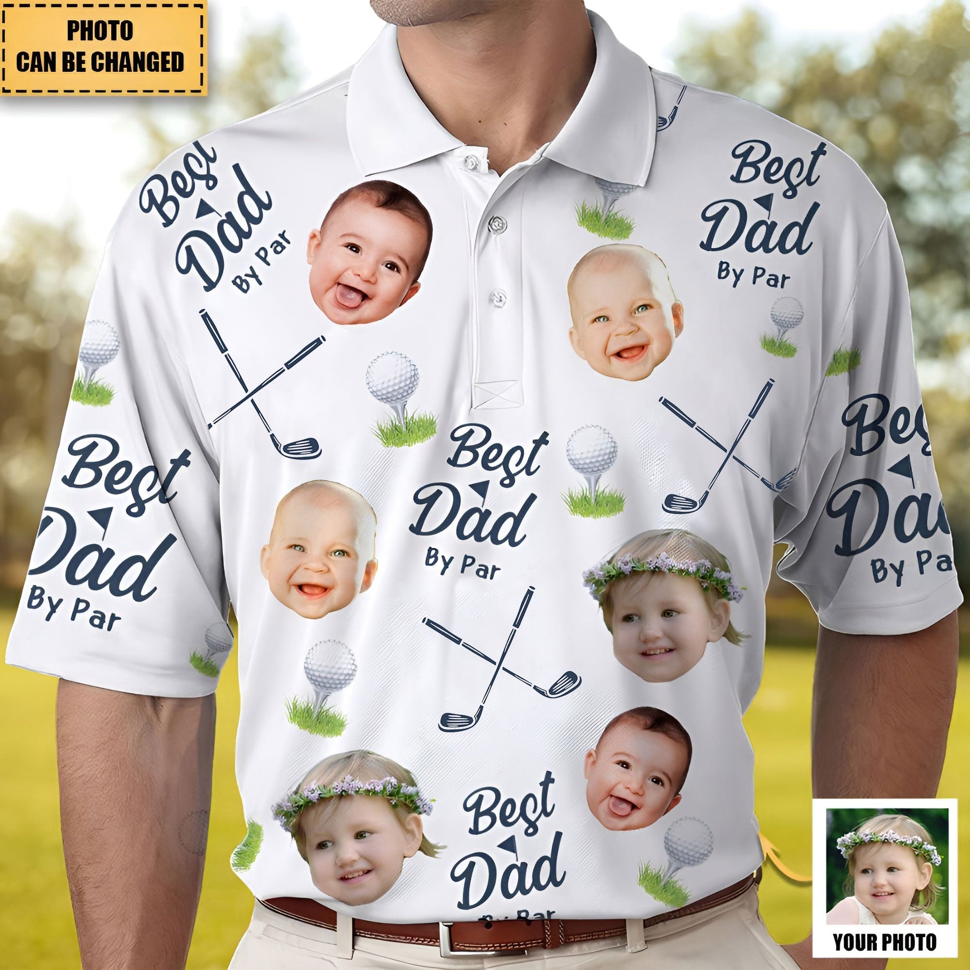 White best dad by par polo with photo collage design featuring baby faces and golf-themed graphics