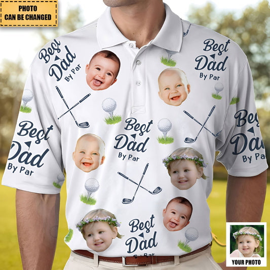White best dad by par polo with photo collage design featuring baby faces and golf-themed graphics