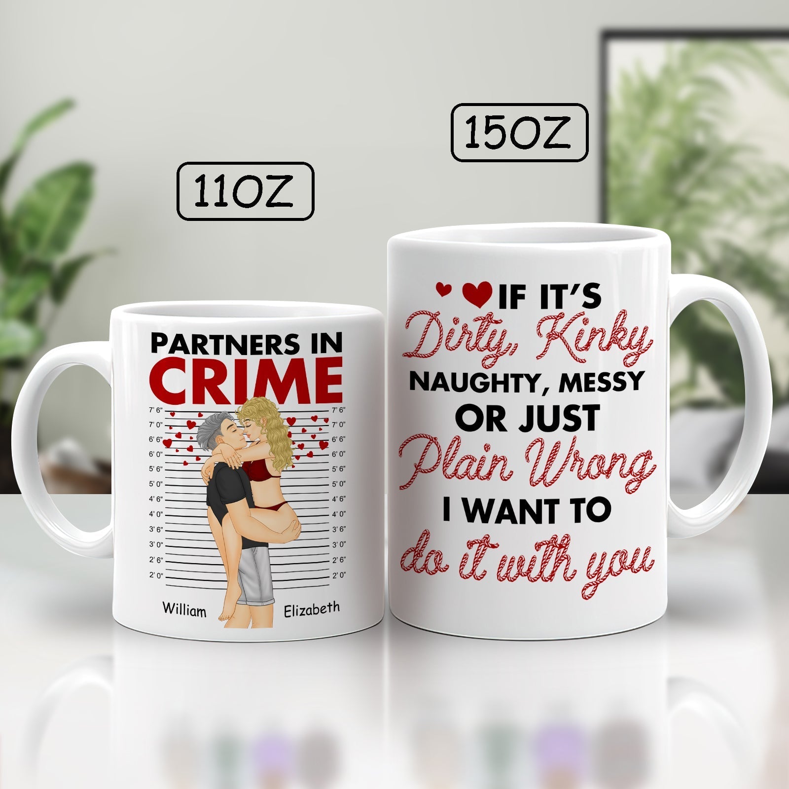 365Gifty partners in crime mug gift set with 11oz and 15oz sizes featuring a couple illustration and romantic text