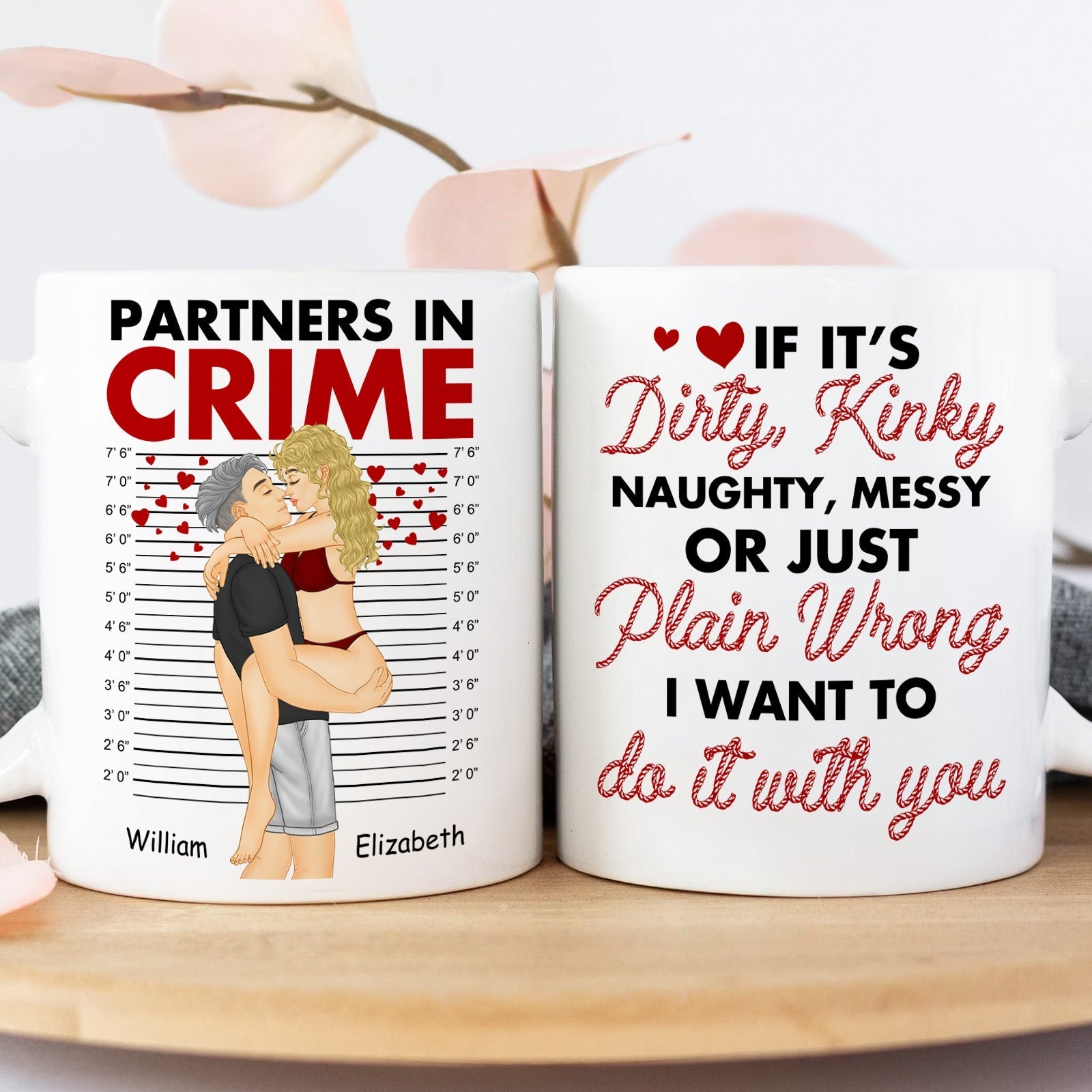 Partners in crime mug gift with romantic couple illustration and playful naughty text