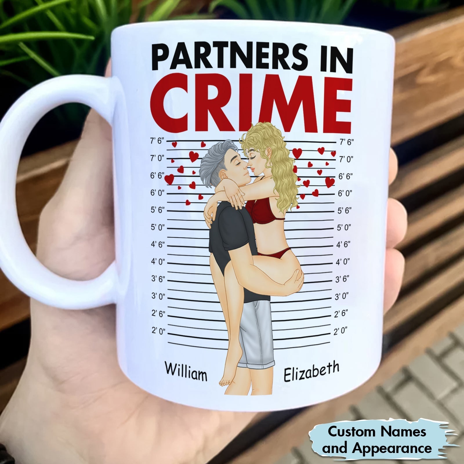 Personalized partners in crime mug gift with couple illustration and custom names William and Elizabeth