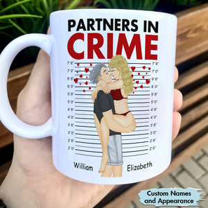 Personalized partners in crime mug gift with couple illustration and custom names William and Elizabeth