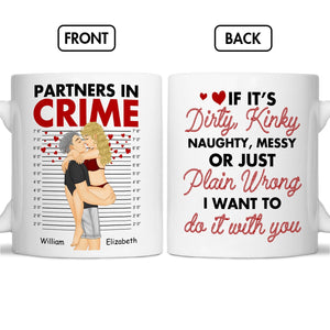 Partners in crime mug gift featuring a couple hugging with a mugshot background and romantic text on back