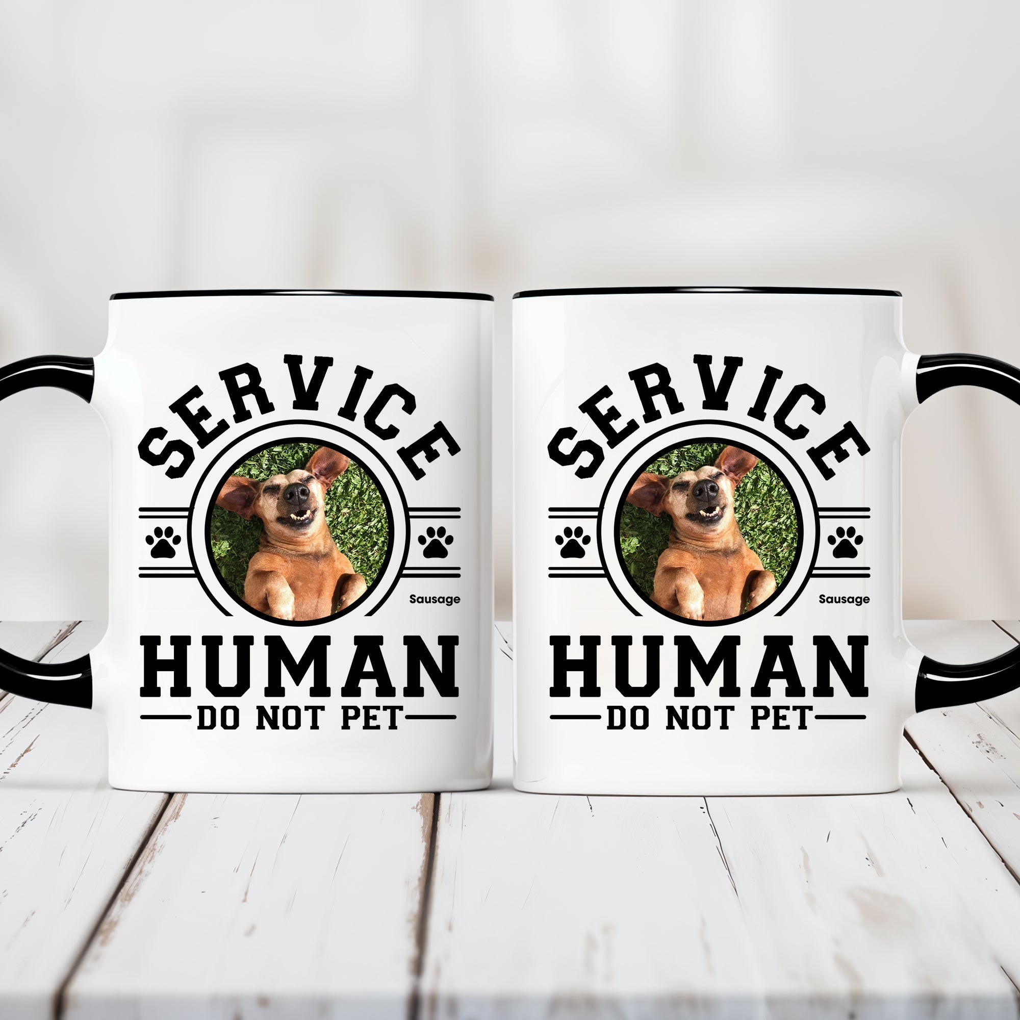 funny dog owner gift mug white ceramic with black rim and handle Service Human Do Not Pet design with small brown dog photo
