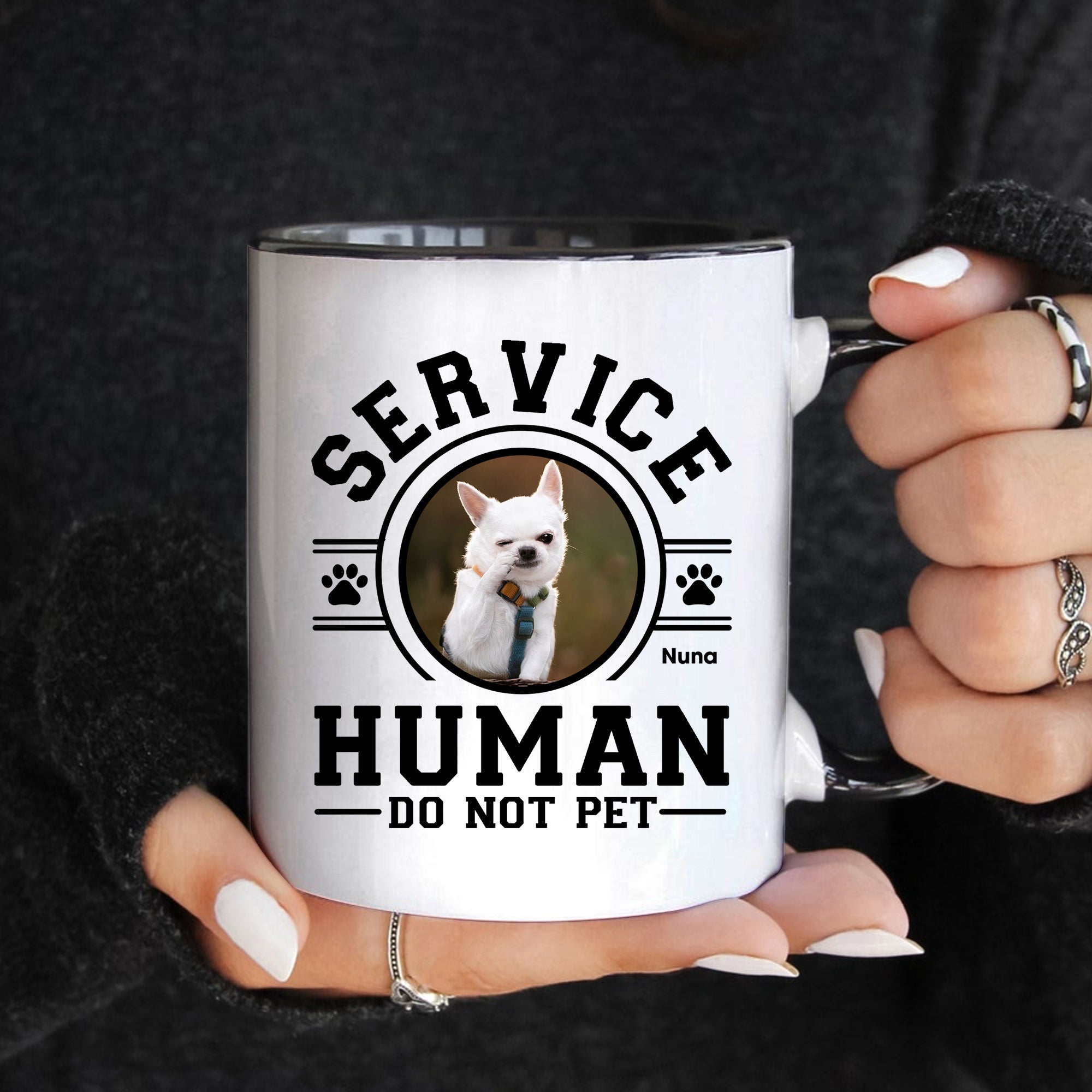 funny dog owner gift mug white ceramic with Service Human Do Not Pet design and small white dog photo held by person