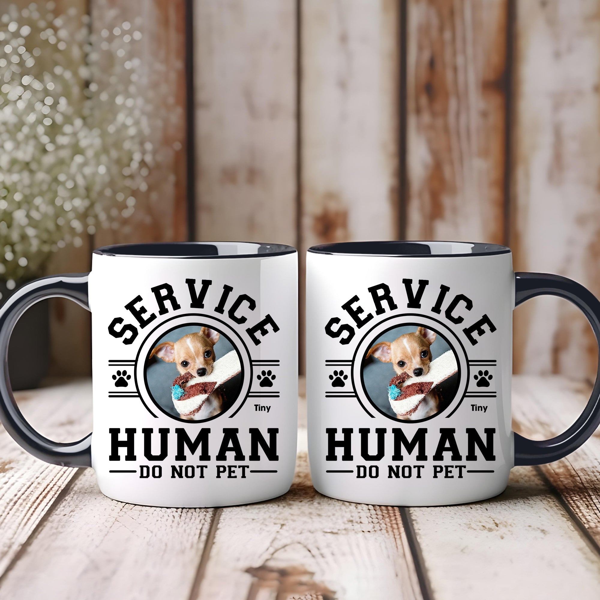 365Gifty two white mugs with black handles featuring small dog photo and Service Human Do Not Pet design funny dog owner gift mug