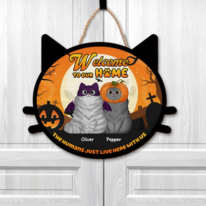 365Gifty personalized cat door sign Halloween plaque shaped like a cat with two gray cats in pumpkin and bat costumes