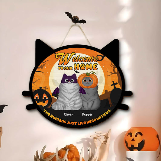 personalized cat door sign Halloween design with two gray cats in costumes named Oliver and Pepper