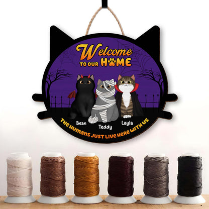 personalized cat door sign wooden hanging Partners in Crime design with custom names Jessica and Stacey and cartoon avatars