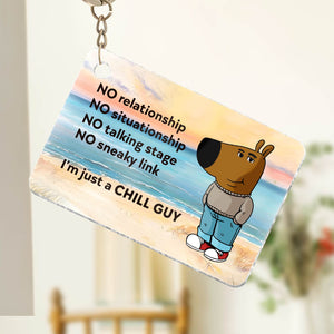 Personalized acrylic keychain featuring a cartoon dog with humorous text and beach background