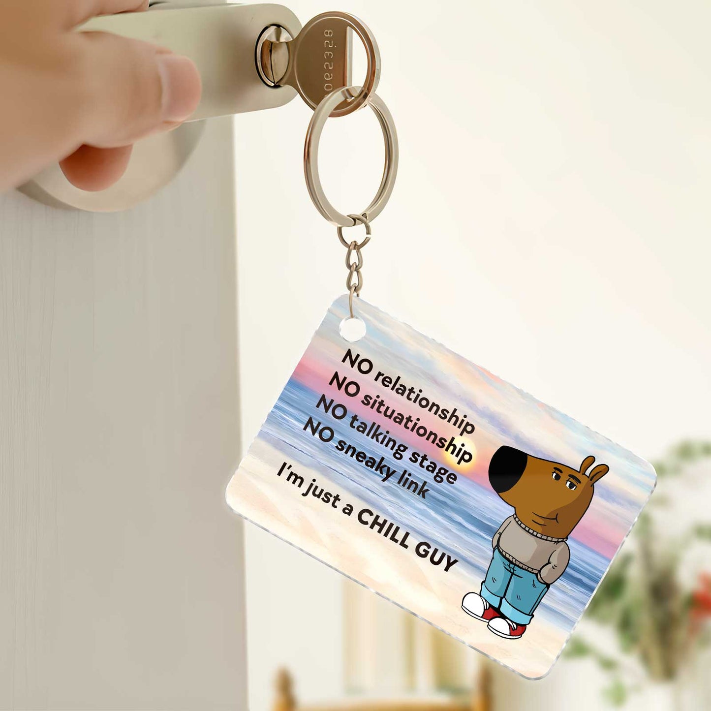 Personalized acrylic keychain featuring a cartoon dog and humorous relationship quotes