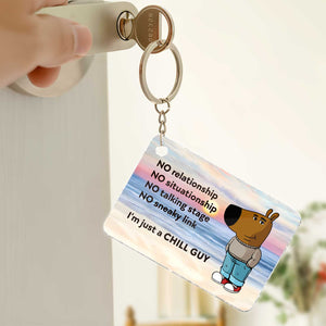 Personalized acrylic keychain featuring a cartoon dog and humorous relationship quotes