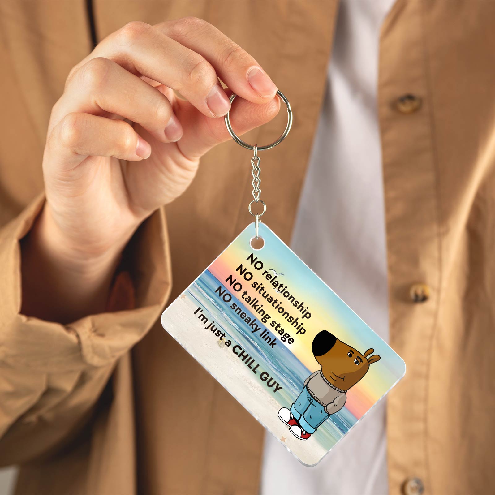 Personalized acrylic keychain featuring a humorous design with a chill character and funny quotes