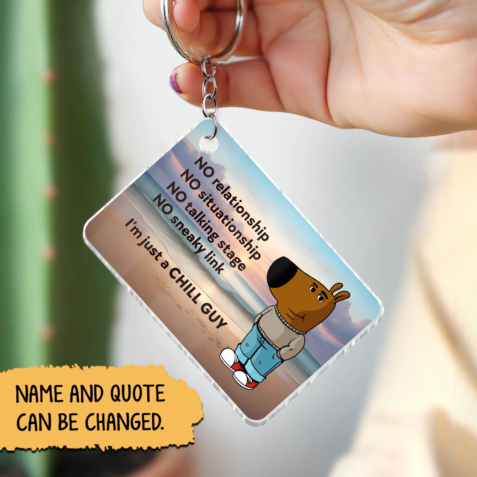 Personalized acrylic keychain featuring a cartoon character and customizable quote options