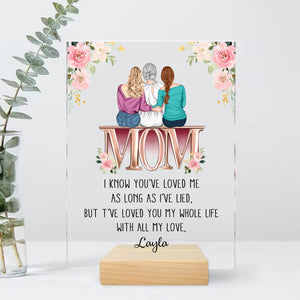 Personalized acrylic mom plaque featuring three women with floral accents and heartfelt message