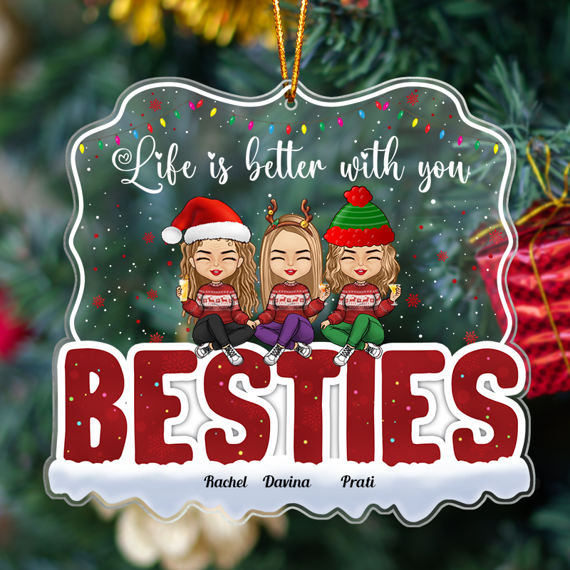 365Gifty personalized acrylic ornament featuring festive design with besties text and three friends in holiday outfits