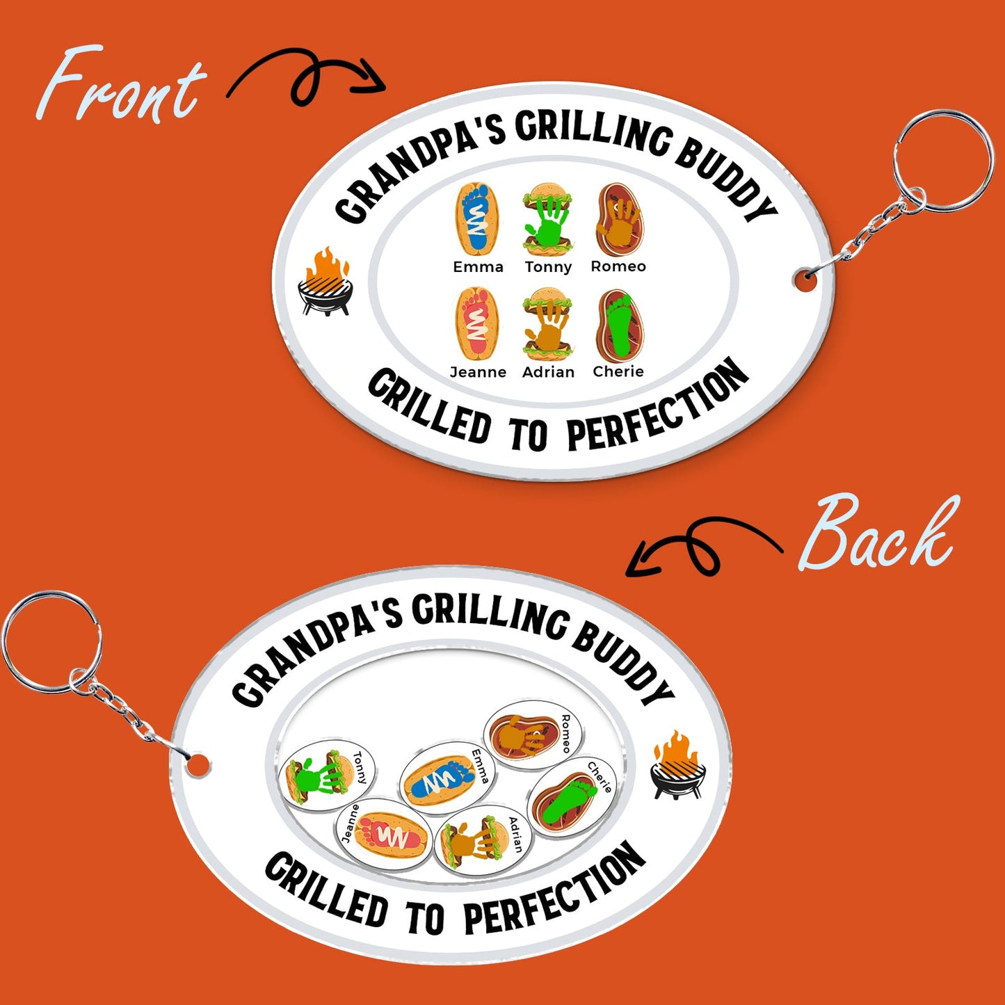 Personalized acrylic shaking keychain featuring grilling-themed design with names for custom gifts