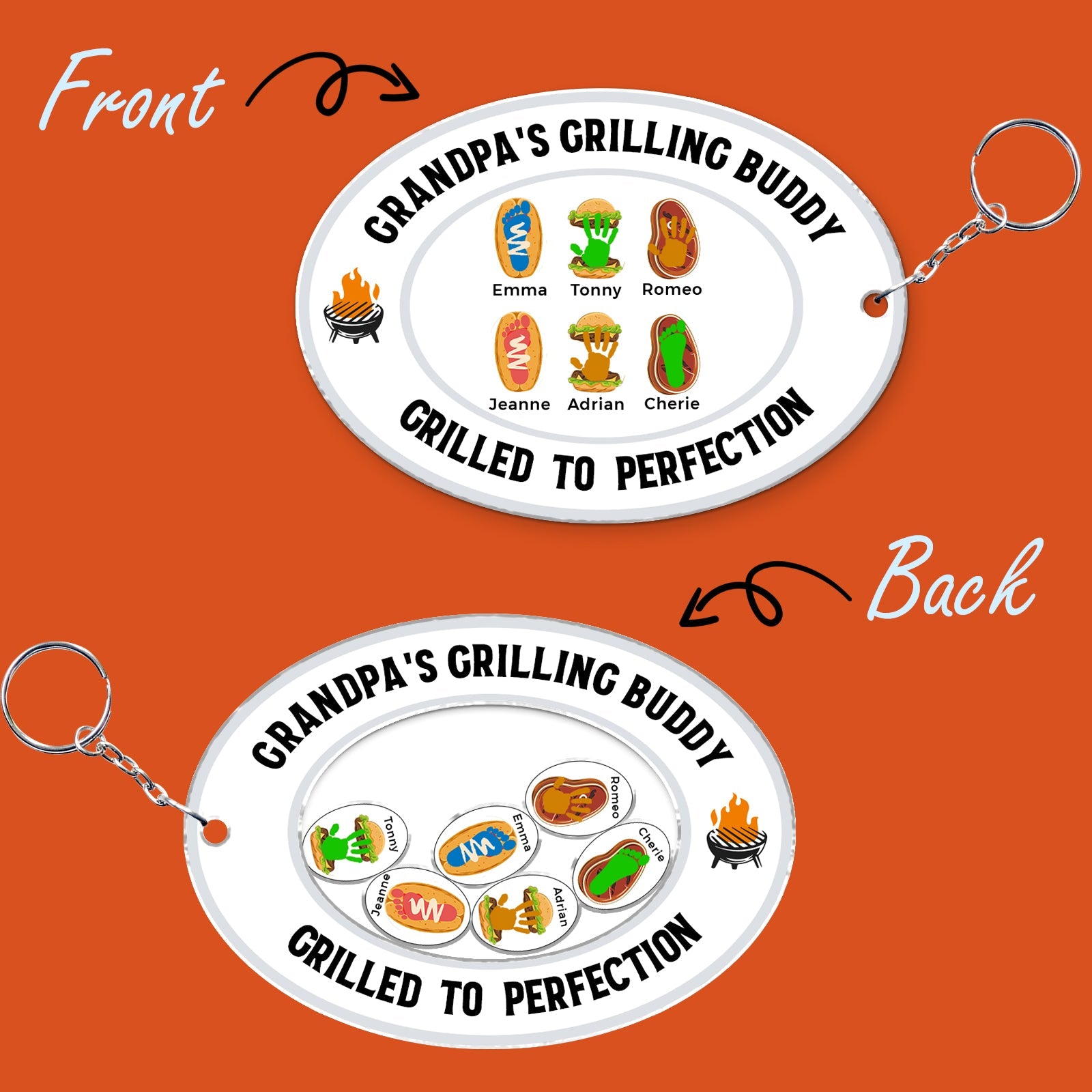 Personalized acrylic shaking keychain featuring grilling-themed design with names for custom gifts