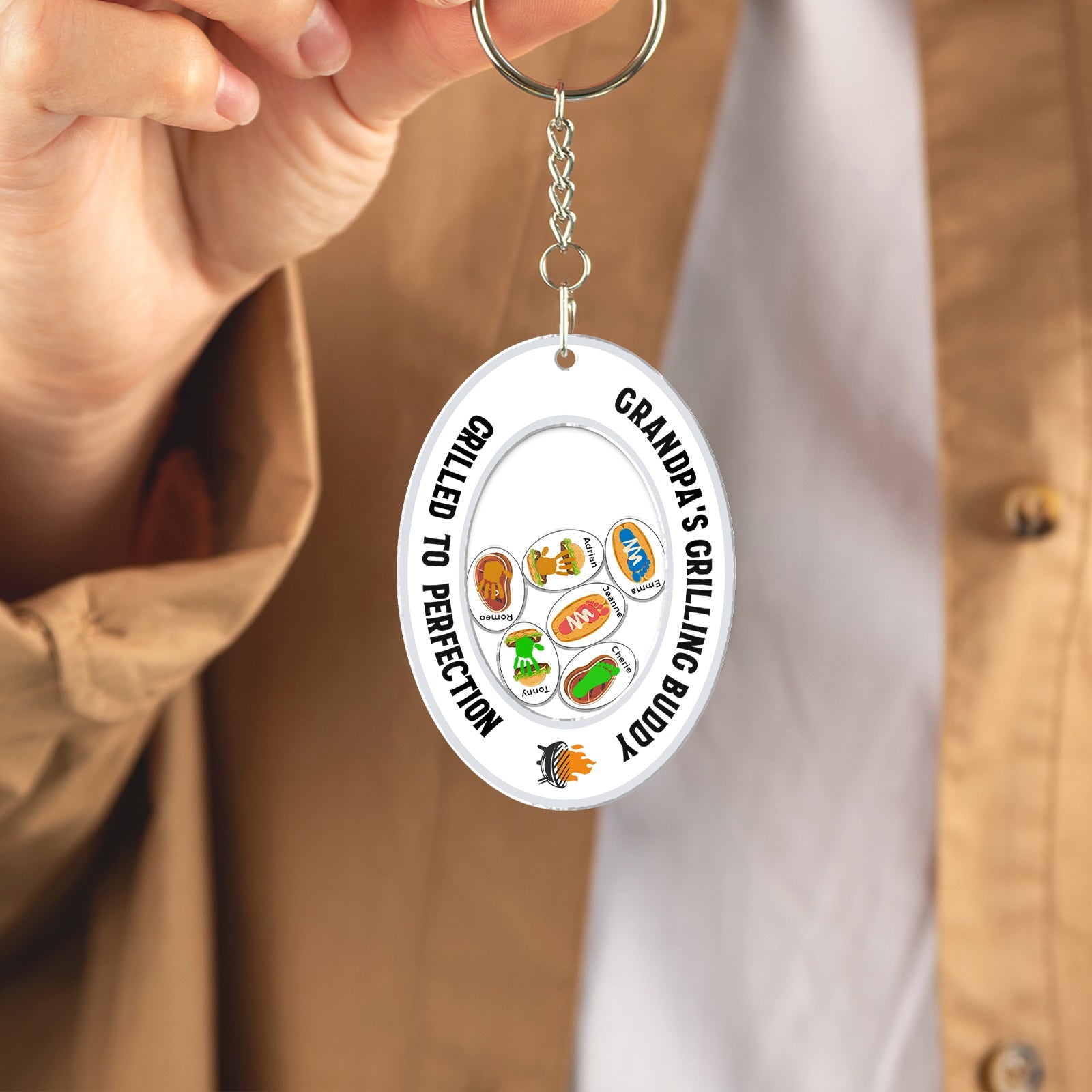 Personalized acrylic shaking keychain featuring fun food icons and custom text for gifts