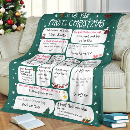 Personalized baby first Christmas blanket with custom messages and festive holiday design from 365Gifty