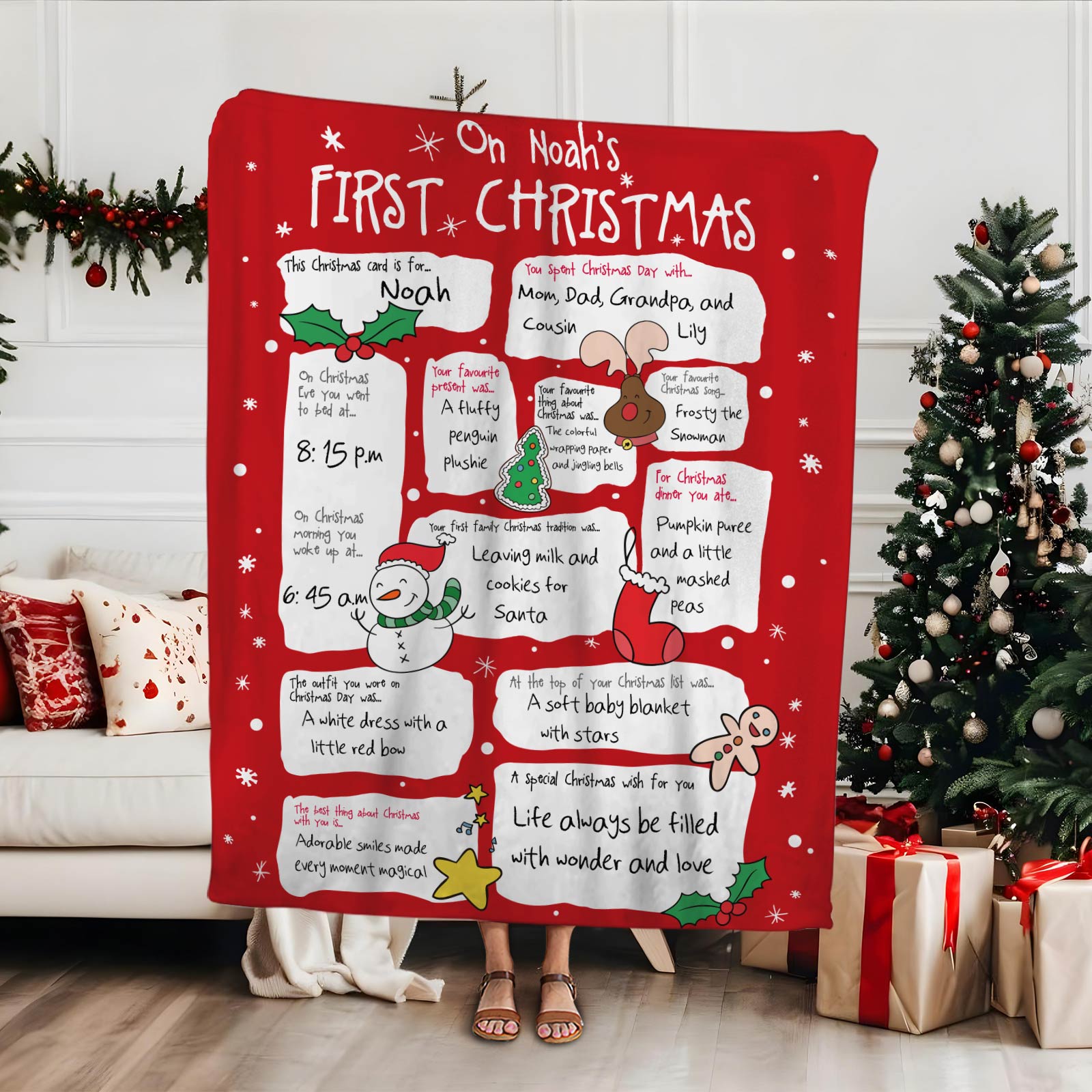 Red personalized baby first Christmas blanket with festive designs and custom name Noah
