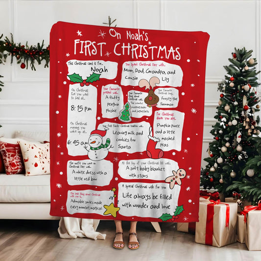 Red personalized baby first Christmas blanket with festive designs and custom name Noah