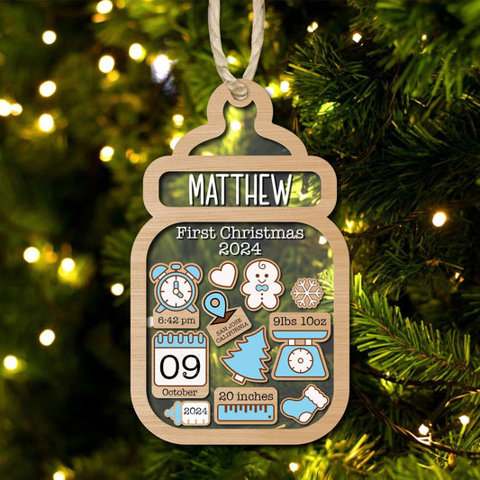 365Gifty personalized baby first Christmas ornament wooden baby bottle with birth details and name Matthew