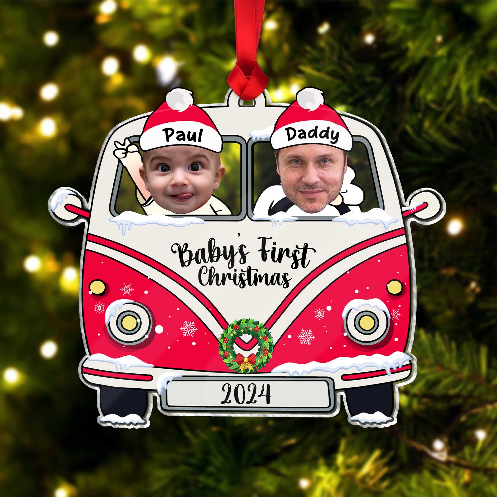 Personalized baby first Christmas ornament featuring a red vintage van with photo faces and names Paul and Daddy