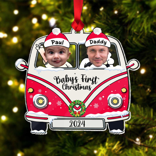 Personalized baby first Christmas ornament featuring a red vintage van with photo faces and names Paul and Daddy