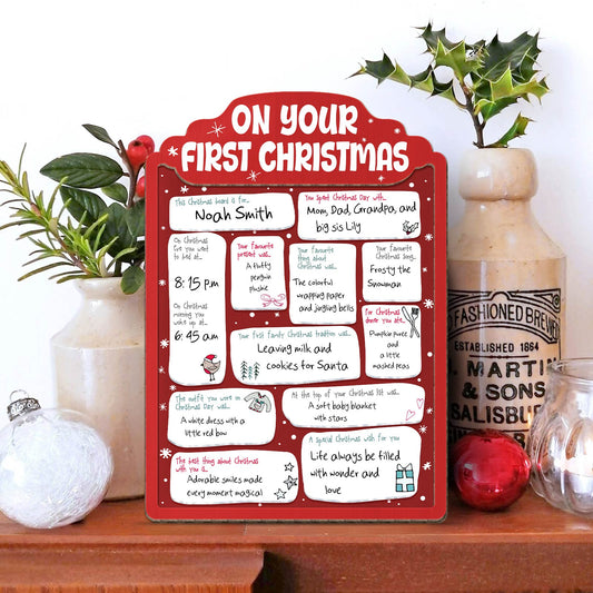 Personalized baby's first Christmas sign in red with custom name and holiday memories details
