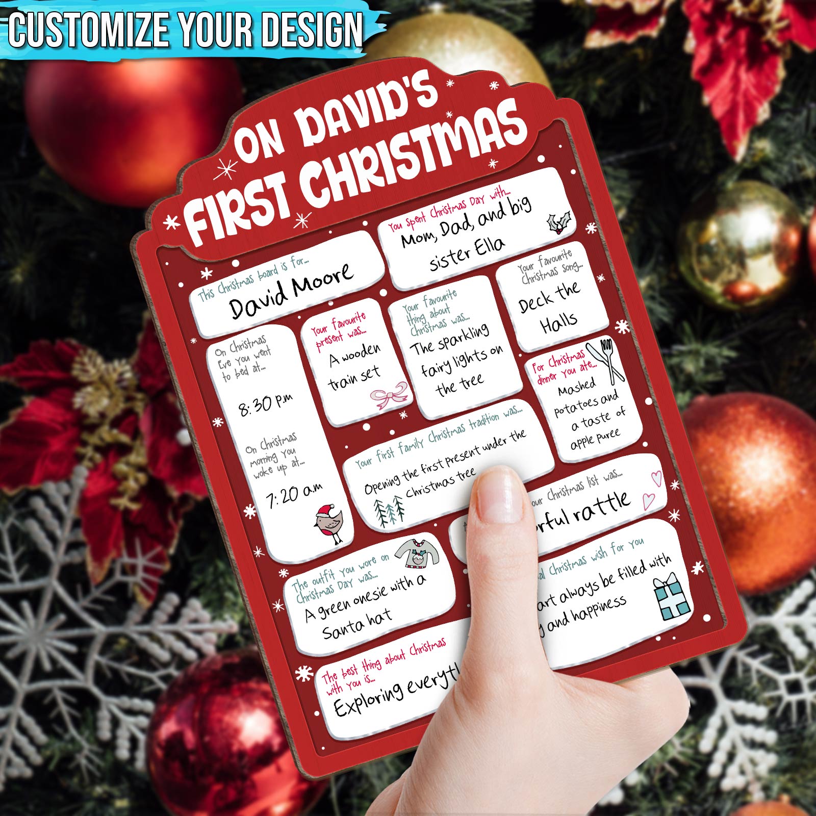 Personalized baby's first Christmas sign with customizable design and festive holiday details