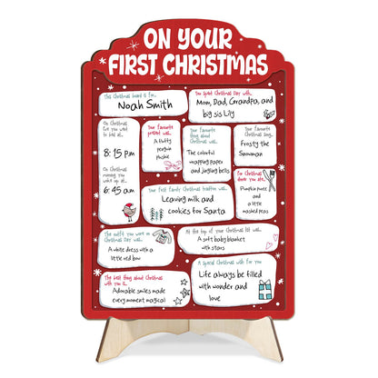 Personalized baby's first Christmas sign with handwritten details and festive red design