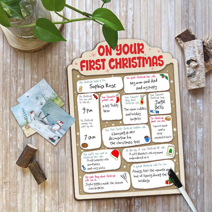Personalized baby's first Christmas sign with customizable holiday memories and festive decorations