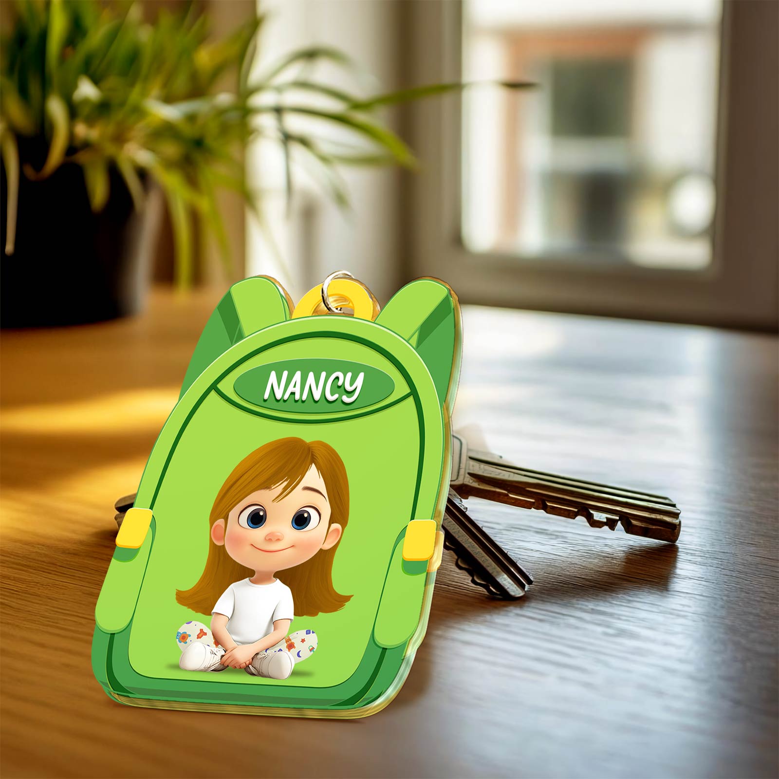 Personalized back to school keychain featuring a green backpack design with the name Nancy