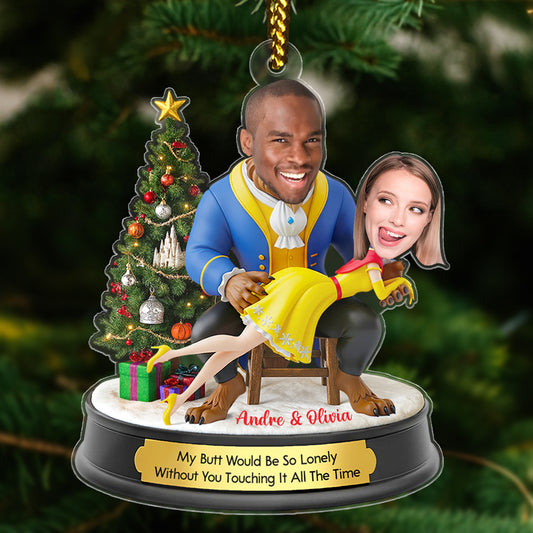 Personalized Belle and Beast Christmas ornament featuring customized characters and a decorated Christmas tree