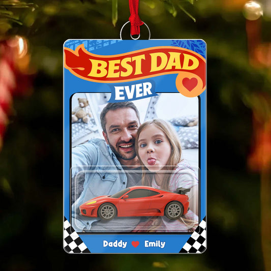 Personalized Best Dad Ever ornament featuring a photo frame and red sports car design